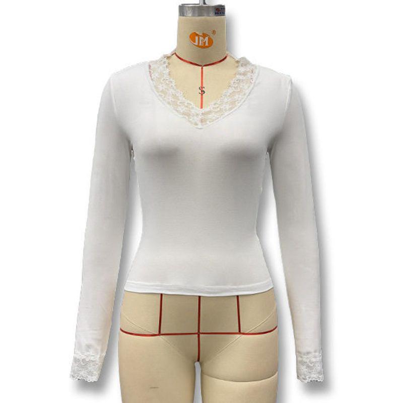 

Trade European and American Style Women s Clothing Autumn and Winter New Sexy V-Neck Lace Trim Patchwork Waist-Revealing Long-Sleeve Top for Women White S