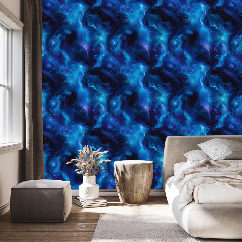 Watercolor Galaxy Wallpaper In Blue, Navy Blue, Turquoise and Black 50x1000