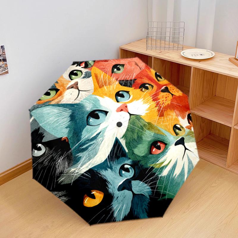 1 PC Automatic Folding Umbrella - Colorful Cats Pattern, Portable & Foldable Design with 8 Ribs, Christmas Birthday Gifts