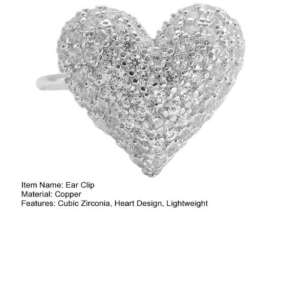 Ear Clip Sparkling Cubic Zirconia Inlaid Heart Design Non-Pierced C-Shaped Clip-On Earring Adjustable Lightweight Earring
