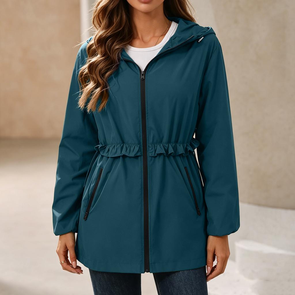 Wasserdichte Regenjacke für Damen mit Kapuze, Windjacke, Leichte, Wasserabweisende Jacke mit Taschen, Verstellbare Taille für Outdoor-Aktivitäten