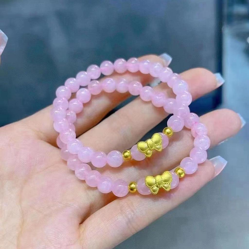 Pink Crystal Cat's Eye Bow Beaded Bracelet – Fresh Sweet Style, Niche Design