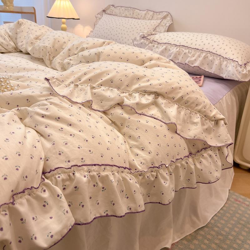 Sweet Flower Printed Bed Skirt Bedding Set Skin Friendly Cotton Nude Sleeping Comforter Set Class-A Twin Single Home Textile