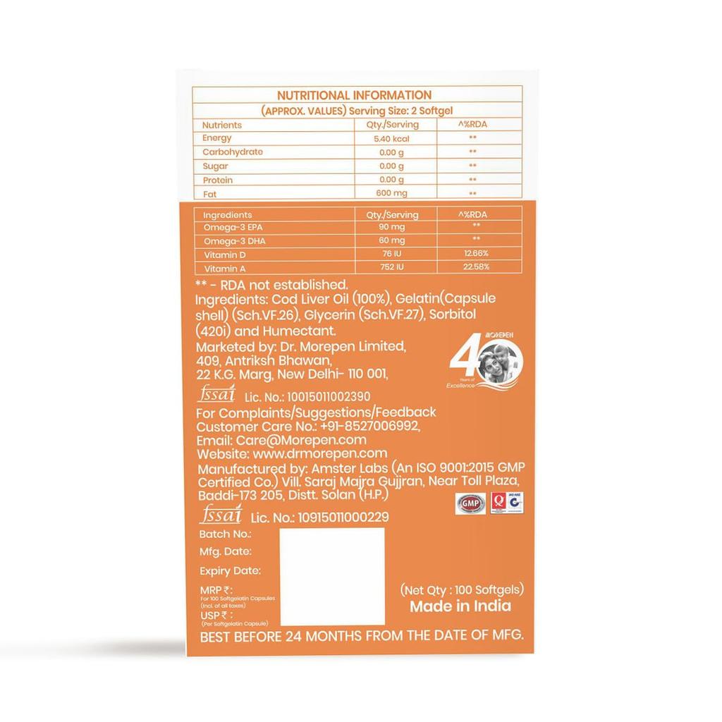 Dr. Morepen COD Liver Oil Capsules Omega 3 EPA DHA with Vitamins D E 100 Softgels Pack of 1