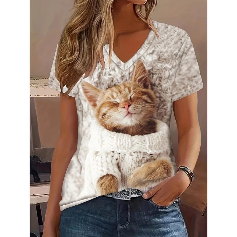 Summer Ladies T-Shirt Funny Animal Cat Pattern Printing Fashion Casual Oversized V-Neck Women's Clothing