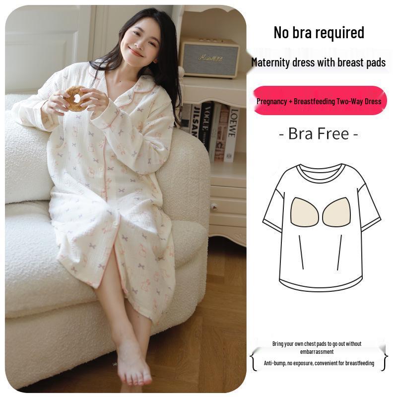 Pure Cotton Maternity Dress with Breast Pads - Lightweight Spring/Summer Postpartum Breastfeeding Robe