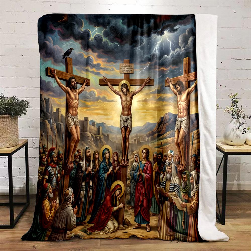 Crucifixion Scene with Biblical FiguresFlannel blanket for bedroom, living room, sofa, and nap