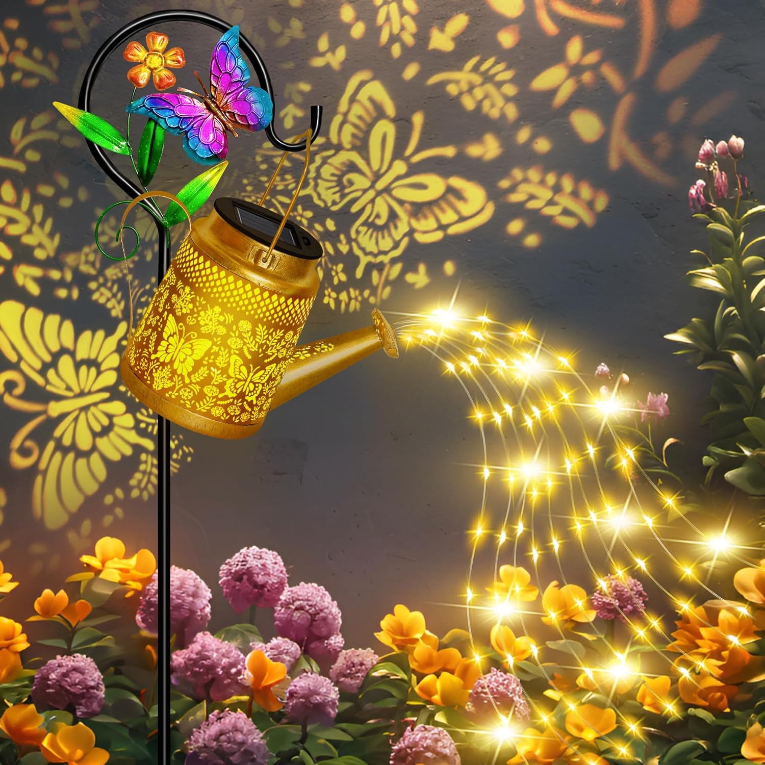 Solar Watering Can Lights Outdoor Garden Decor, Large Butterfly Hanging Lantern with Shepherd Hook, Waterproof Garden Lights for Outdoor Landscape