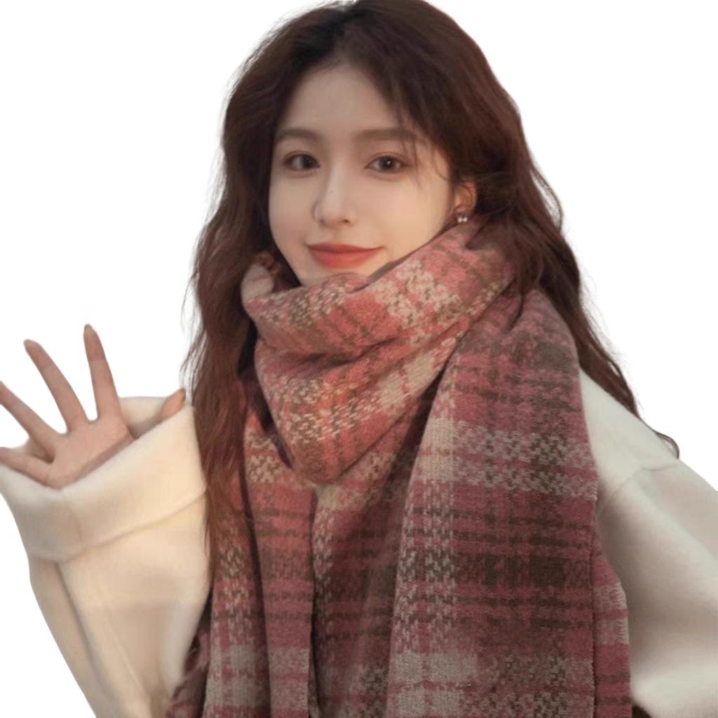 Retro Plaid Scarf Women's Winter New Rose Pink Scarf Autumn and Winter Atmosphere Sense of Advanced Sense of Versatile Tide