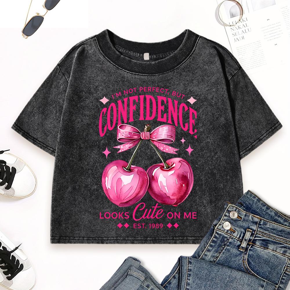 Confidence Looks Cute On Me Pink Cherry Print Women Washed T-Shirts Slim Cotton Tops Street Casual Sportswear T Shirt