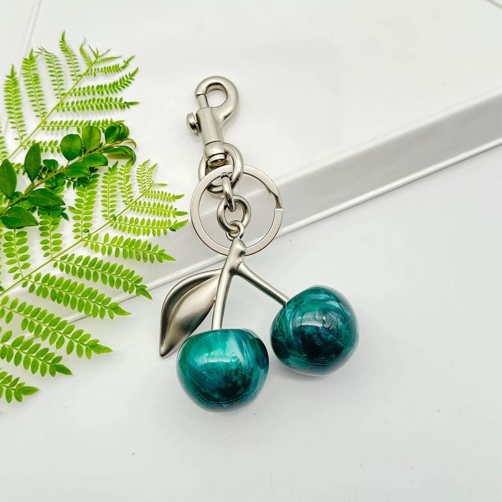 Cute Flowing Green Cherry Keychain Summer Fruits Cherries Pendant Keyring for Women Girls Jewelry Bag Accessories Gift