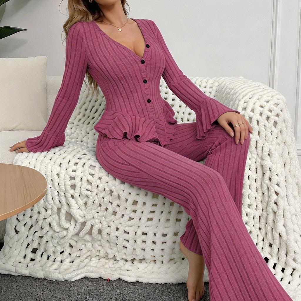 European and American pajamas female cat fleece wavy ruffle V-neck long-sleeved trousers women can wear loungewear outside