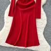 Autumn Winter Women Casual Turn-down Collar Knitted Sweater Long Midi Red Pullover Dresses