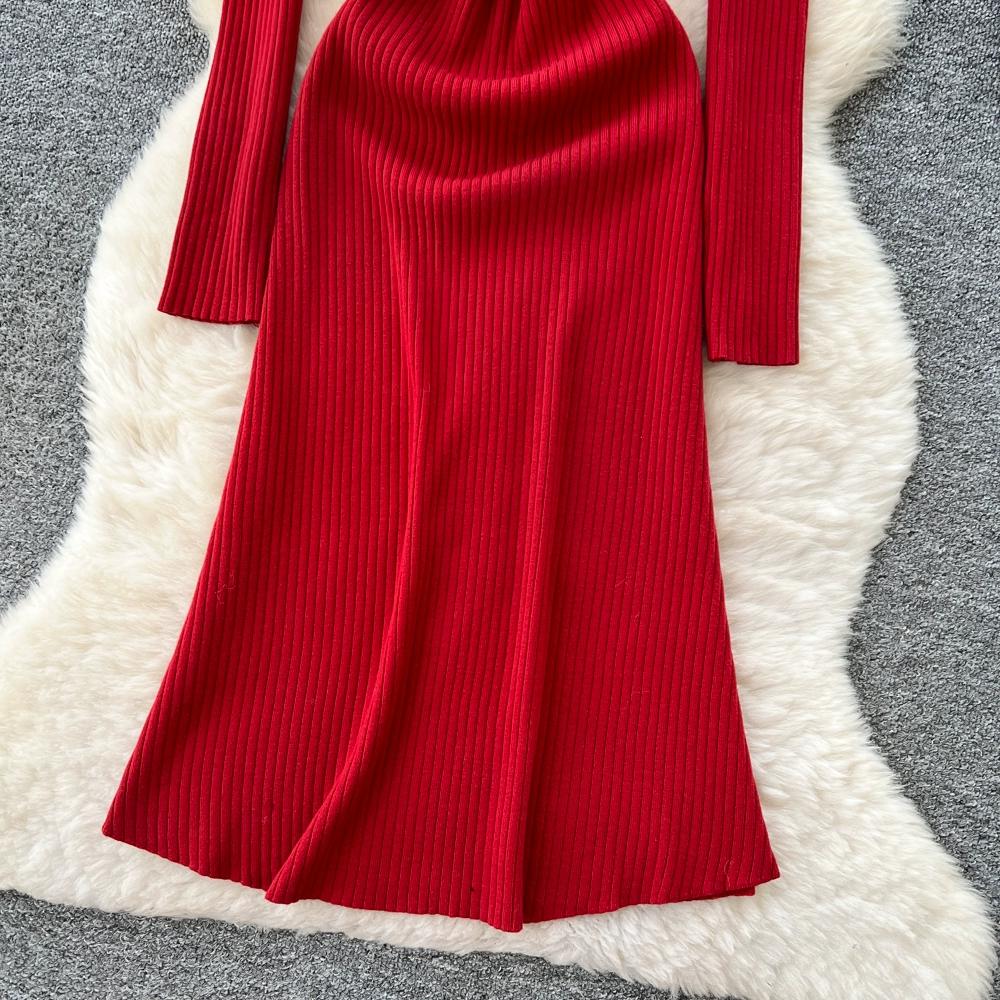 Autumn Winter Women Casual Turn-down Collar Knitted Sweater Long Midi Red Pullover Dresses