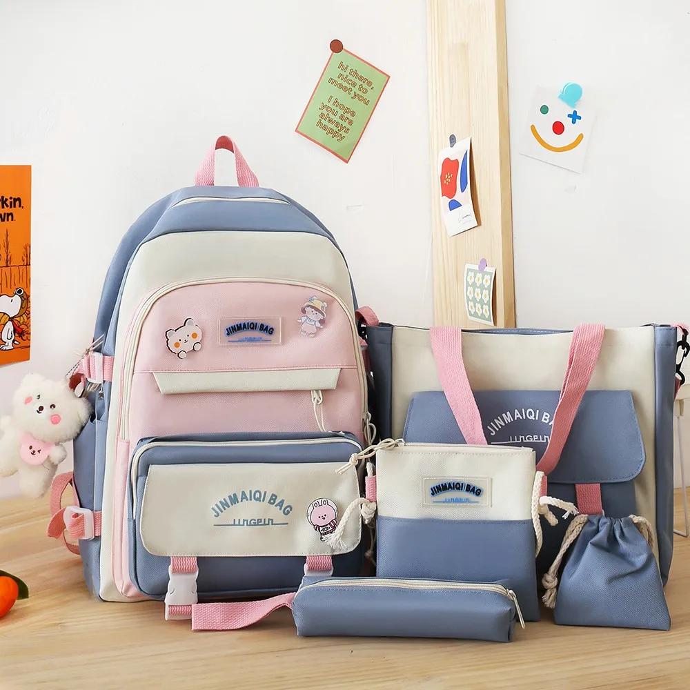 5 Pcs/Set Teen Schoolbag for Girls Boys Large Capacity Student Backpack with Keychain