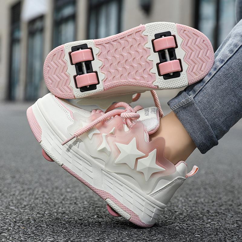 Kids Four Wheel Roller Shoes Lace Up Wheeled Sneakers Outdoor Skating Play Training Footwear Sizes 29 to 40 Everyday Comfortable