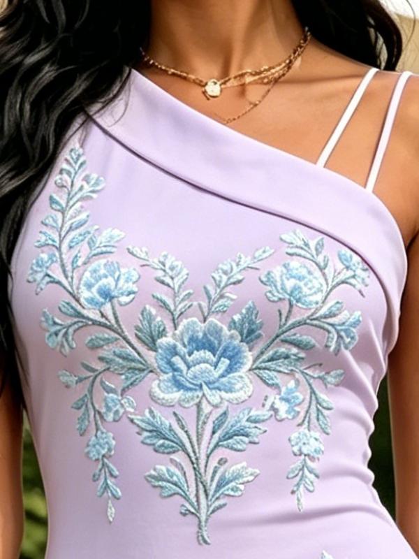 Lavender Blue Floral Embroidery Print One Shoulder Spaghetti Strap Bodycon Midi Dress Elegant Cocktail Dress
