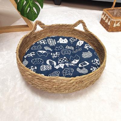 Wicker-woven Basket-style Beds Cushions Suitable for All Seasons Cat Scratching Post Integrated with a Semi-enclosed Cat Dog Bed