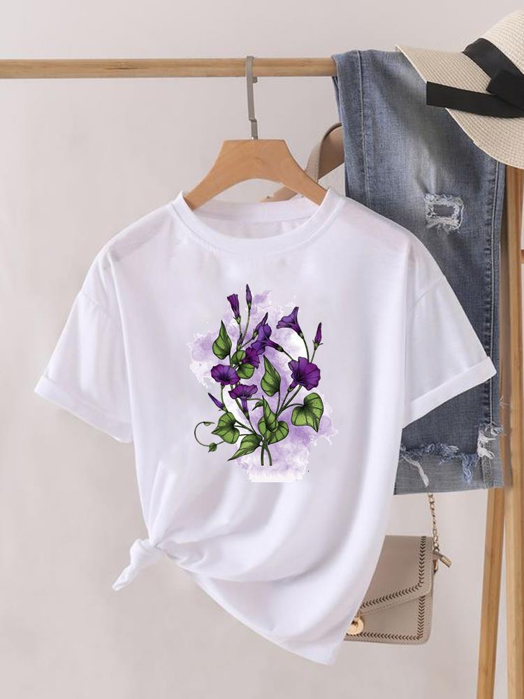 Kwiatek Słodki Trend lat 90. Uroczy Krótki Rękaw Nadruk Moda Graficzny T-shirt Kobiety Top Pani Damska Koszulka Tee Okrągły Dekolt Odzież Ubrania