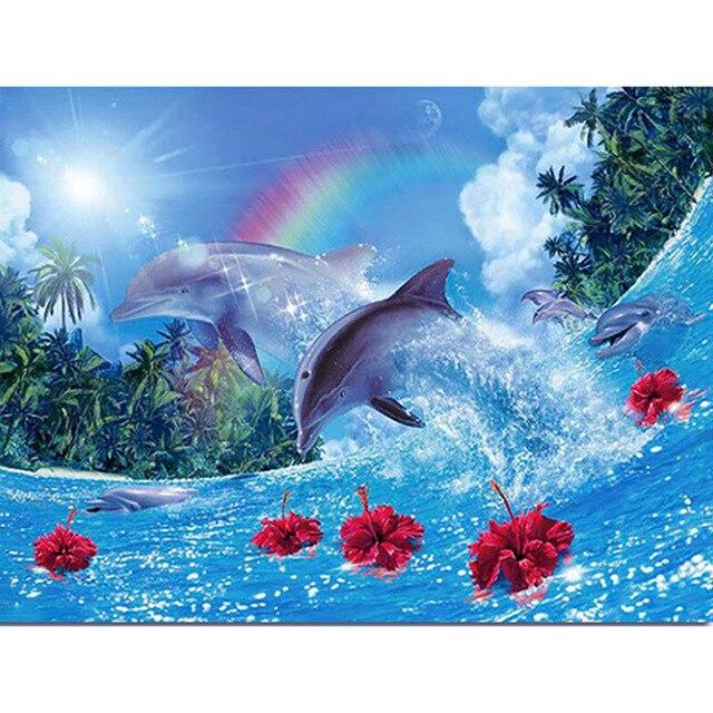Animal Dolphins with Fish 5D Diy Diamond Painting Full Round Drill Mosaic Diamond Embroidery Rhinestones Home Decoration