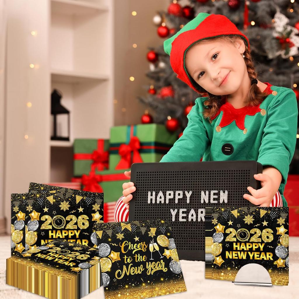 40Pcs New Years Eve Napk - Happy New Year Decorations 2026 Black Gold New Years Party Napk Cheers to the Table Decorations for 2026 New Year Party