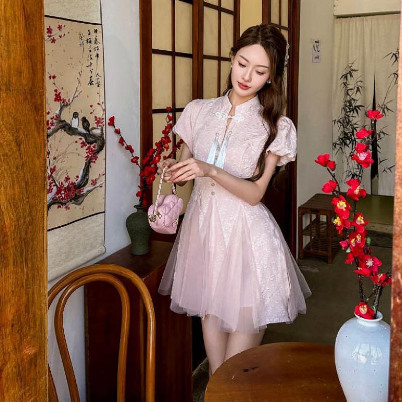 Elegant A-Line Midi Dress With Mandarin Collar Short Sleeve Princess Fit-and-Flare Style Women 2025