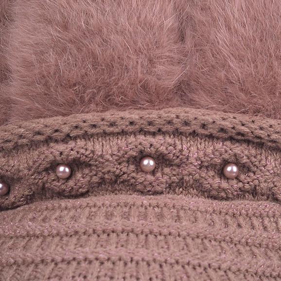 WTEMPO Winter Rabbit Hair Blend Hats Women Winter Large Caps with Pearls Solid Color Warm Plush Thick Knitted Hats