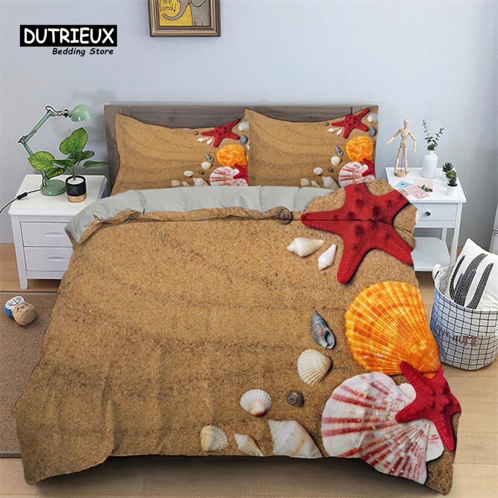 

Постельное белье с морской звездой, ракушками и песком из микрофибры, пододеяльник с красочным принтом различных морских ракушек, декор для спальни EU single(135x200cm)