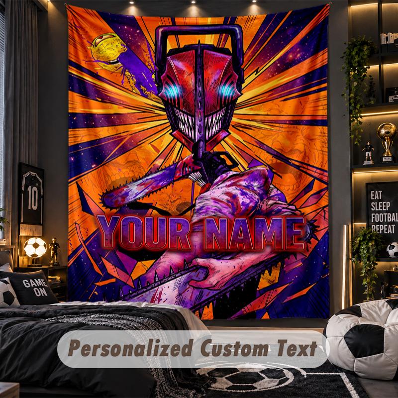 Personalized Wall Tapestry,Chainsaw Man Custom Printed Name, Fabric Wall Art For Indoor Room Backdrop