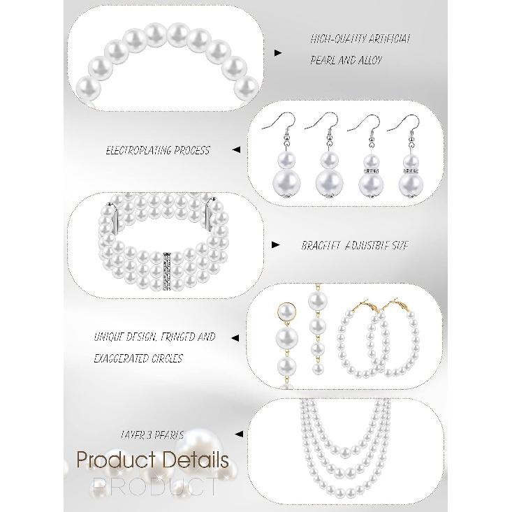 BBTO 8 Pcs Pearl Necklace and Earring Set for Women Faux Pearl Bracelet Costume Jewelry Set for Wedding Bridal Shower Party
