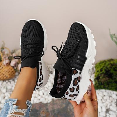 Spring and Summer Plus Size Flying Sneakers with Round Heads and Thick Soles with Wavy Soles and Leopard-print Breathable Shoes and Women's Shoes.