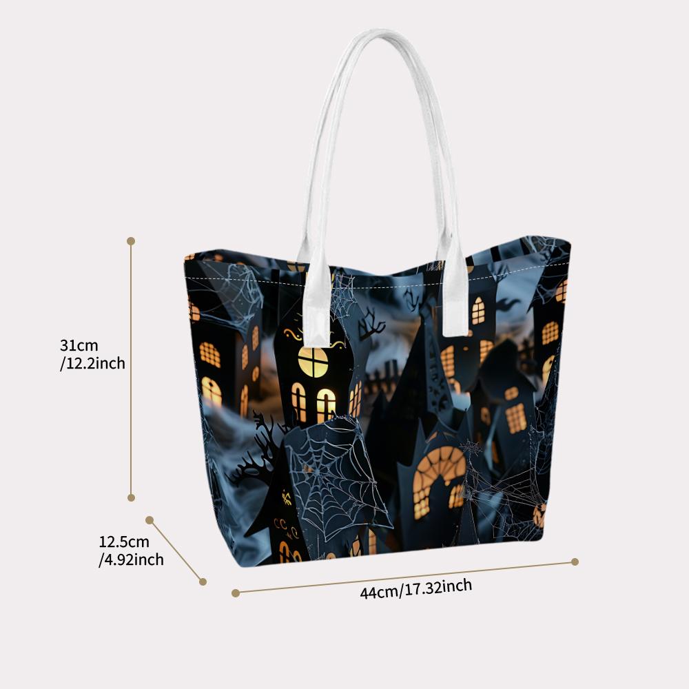Halloween Spooky Castle Tote Bag Fashionable Daily Carry Bag For Holiday Shopping Portable Handbag