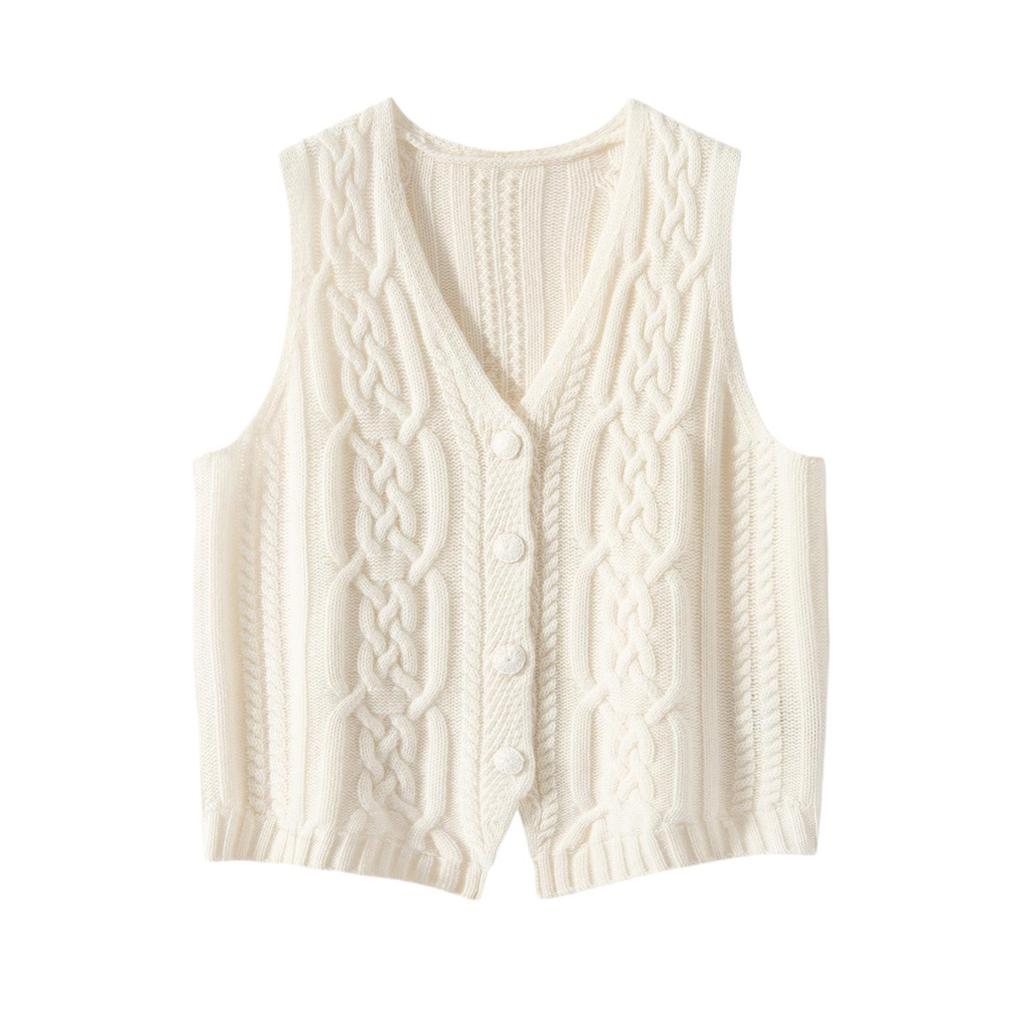 Women's 100% Pure Cashmere Thickened V-neck Cable Knit Cardigan Vest for Autumn/Winter