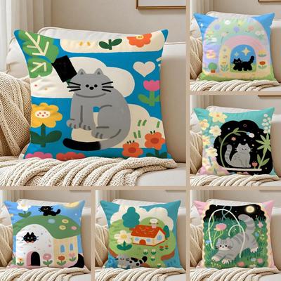 Handdrawn Cute and Soothing Cat Paintings Cushion Cover Pillowcase Antidustmite Invisible Zipper Short Plush Sofa Cushion