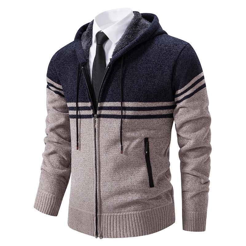 Men's Color Block Striped Hooded Cardigan Sweater - Plus Size Knitwear for Autumn & Winter