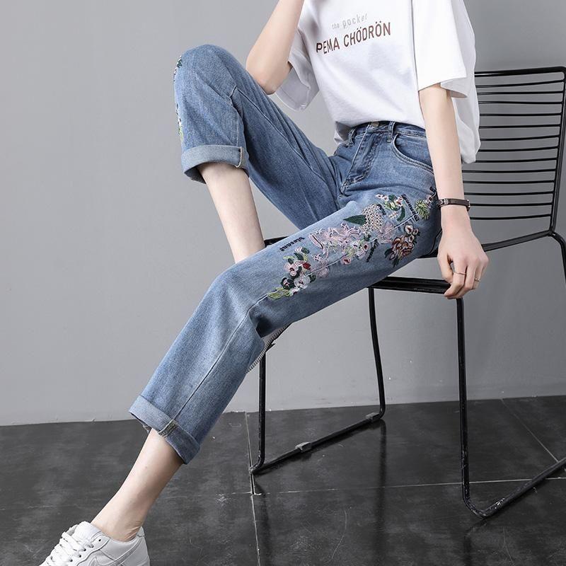 Jeans Gamba Dritta Donna Estate Sezione Sottile Larghi Vita Alta Ricamati Stile Etnico Pantaloni Gamba Dritta con Fiori Pantaloni