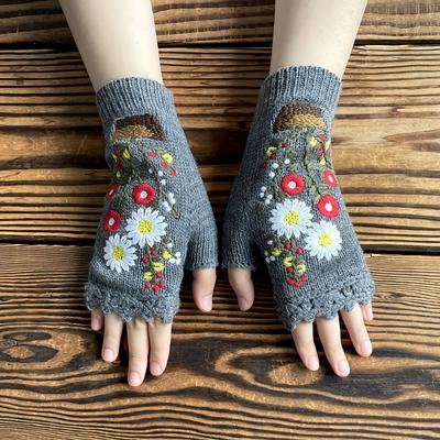 Hand Knit Fingerless Embroidery Floral Winter Gloves Warm Fleece Lined Gloves Long Warm Knitted Gloves for Adult Women Flowers