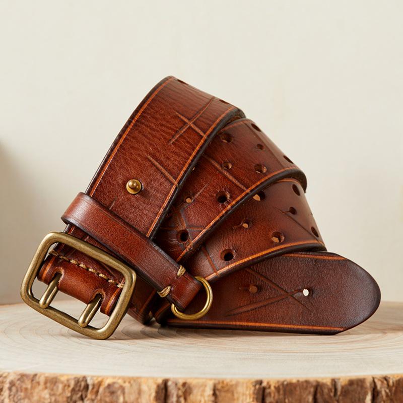 Korean Style Double Pin Buckle Leather Belt for Men - Genuine Cowhide Retro Youth Jeans Waist Belt