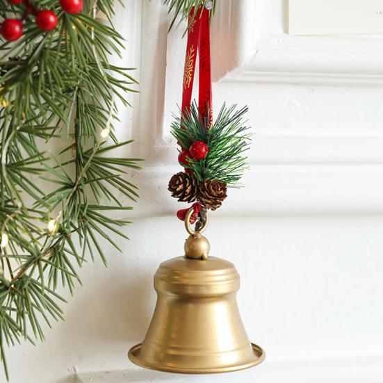Christmas Bell Hanging Ornaments Rustic Metal Bell Decoration with Artificial Pine Needles Berries for Christmas Tree Wreath Door Window Decor