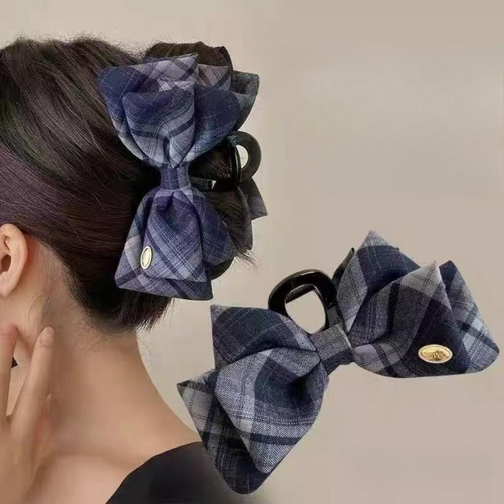 Korean Style College Fashion Plaid Butterfly Knot Hair Clip Stylish Simple Gold Label Shark Hair Clip Back of Head Bun Hair Clip