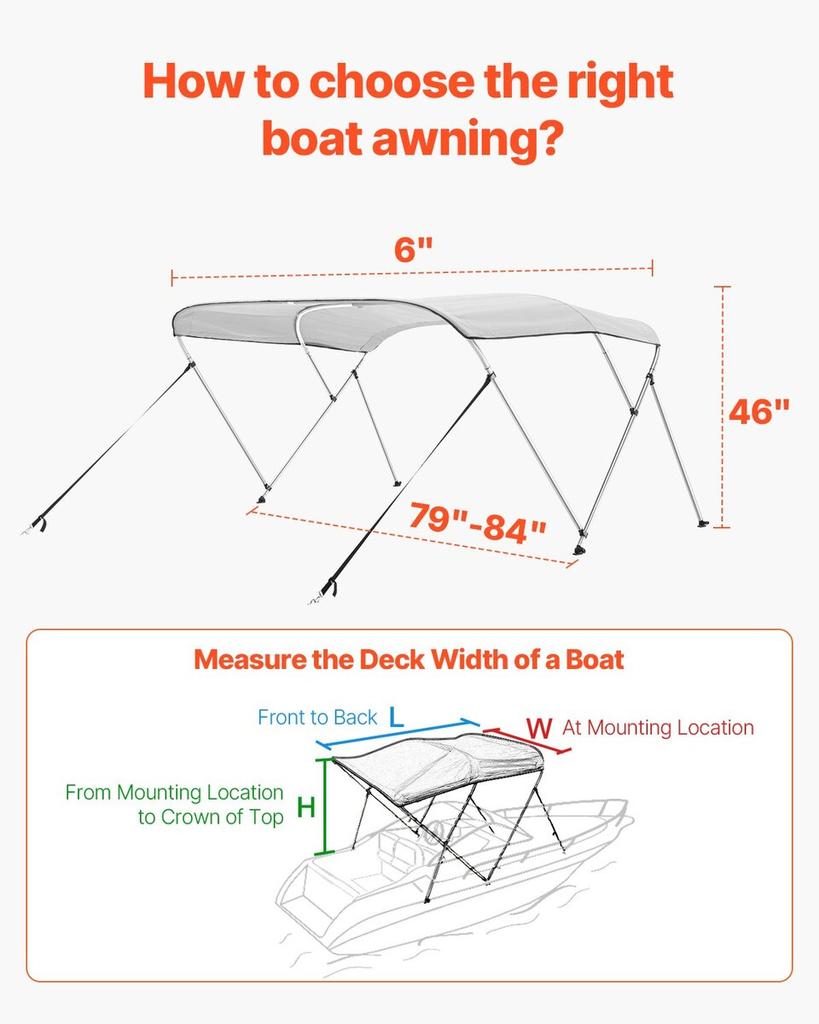 3 Bow Boat Bimini Tops 72"Lx(79"-84")W x 46"H Awning Canopy Light Grey