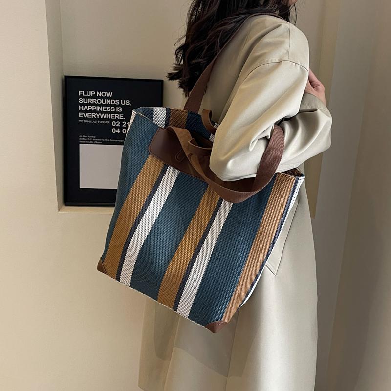 Canvas Bag Large Capacity Shoulder Bag for Female Striped Tote Bag