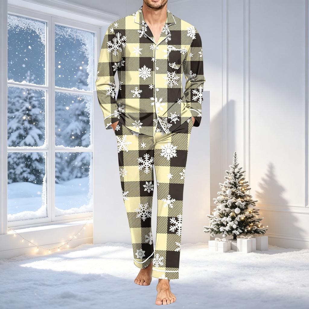 Men's Pajama Set with Long Sleeve Shirt and Pants, Loose Fit Comfortable Sleepwear, Christmas Print
