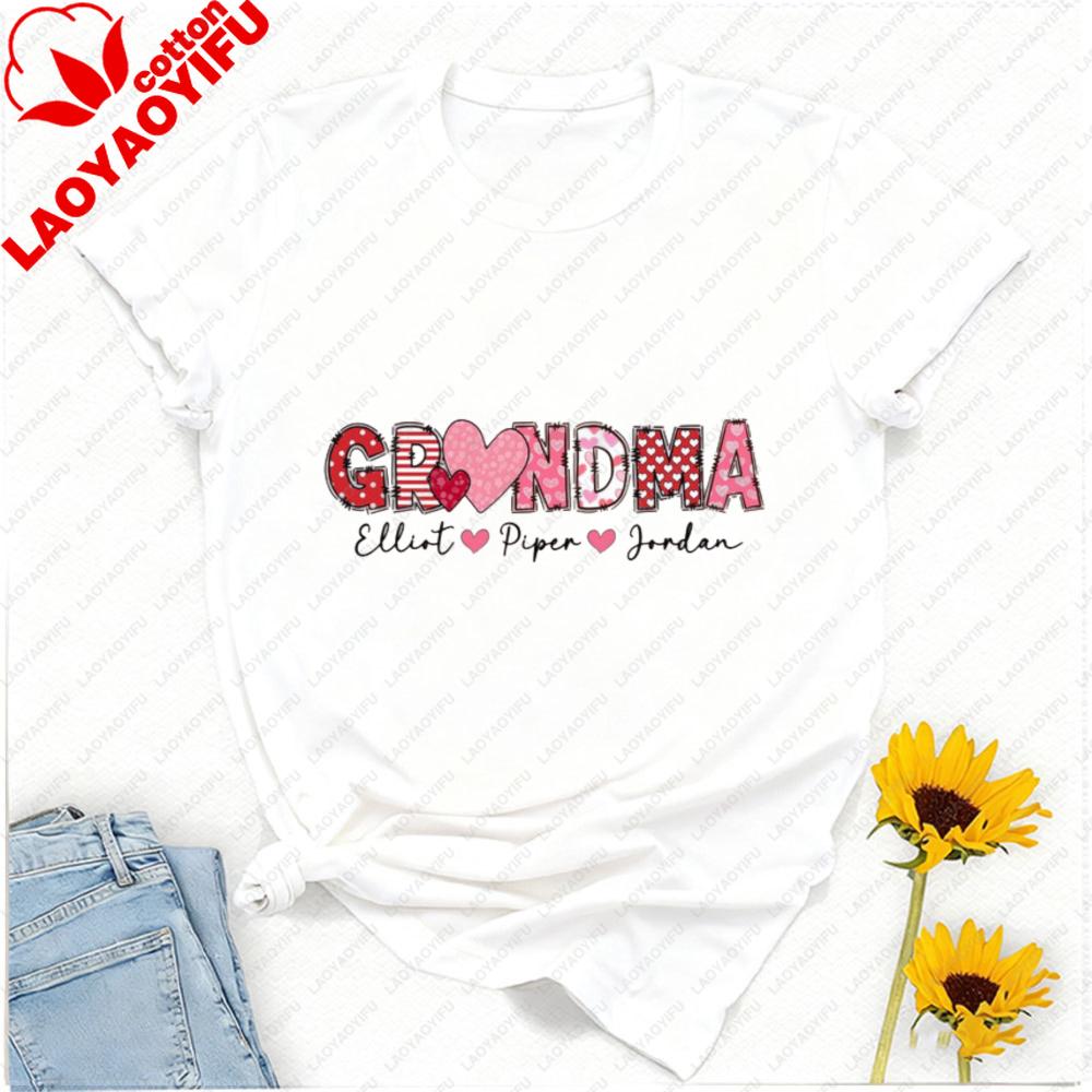 Grandma Day Cotton Shirt Customized with Grandkids Names Personalized Heart TShirt Gigi with Heart Love Tee for Granny Tops