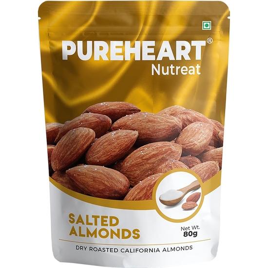 Pureheart Dry Roasted Nutreat Salted Almonds (80 gm) Natural Premium California Almond Nuts/Dry Fruit, Crunchy & Delicious Almonds - Resealable Pouch 80GM