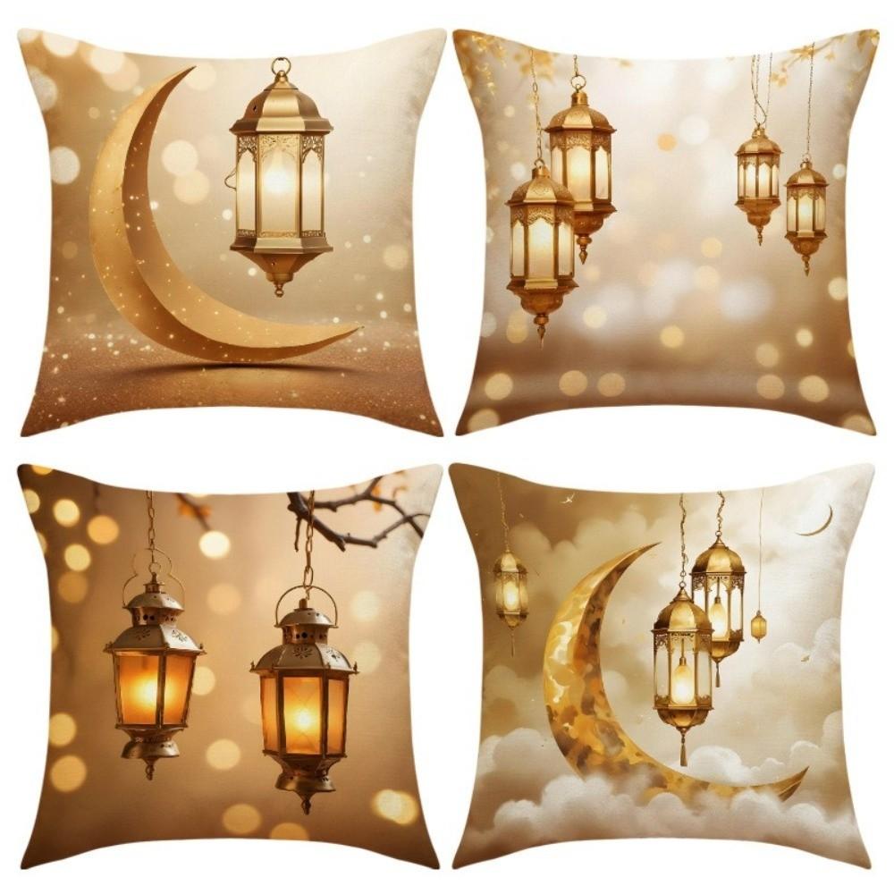 Golden Moon EID Mubarak Pillowcase Decor Printed Oil Lamp EID Ramadan Decorations 45cm Throw Pillowcover Home Decor