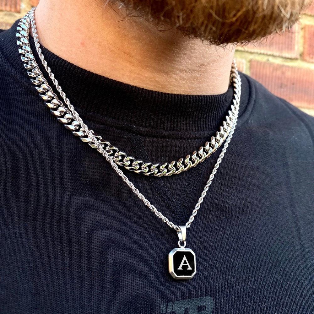 Square A-Z Initial Letters Necklaces for Men Boys,Stainless Steel Geometric Pendant with Box Rope Chain Collar,Gift Jewelry