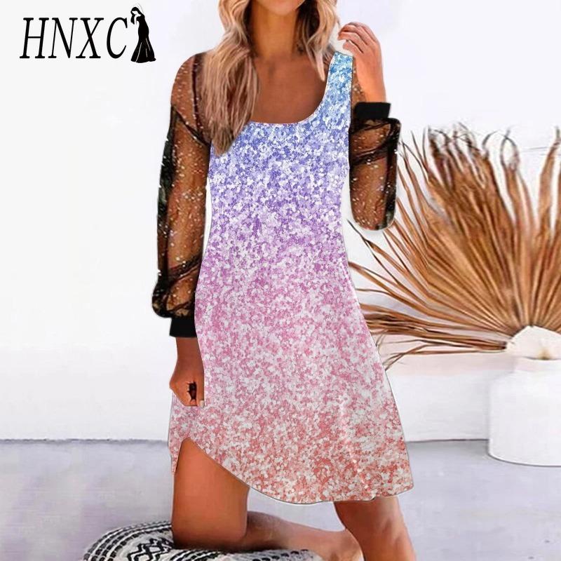 HNXC Damenmode Frühling Herbst Einfarbig Druck Langarm U-Ausschnitt Hohe Taille Freizeitkleider