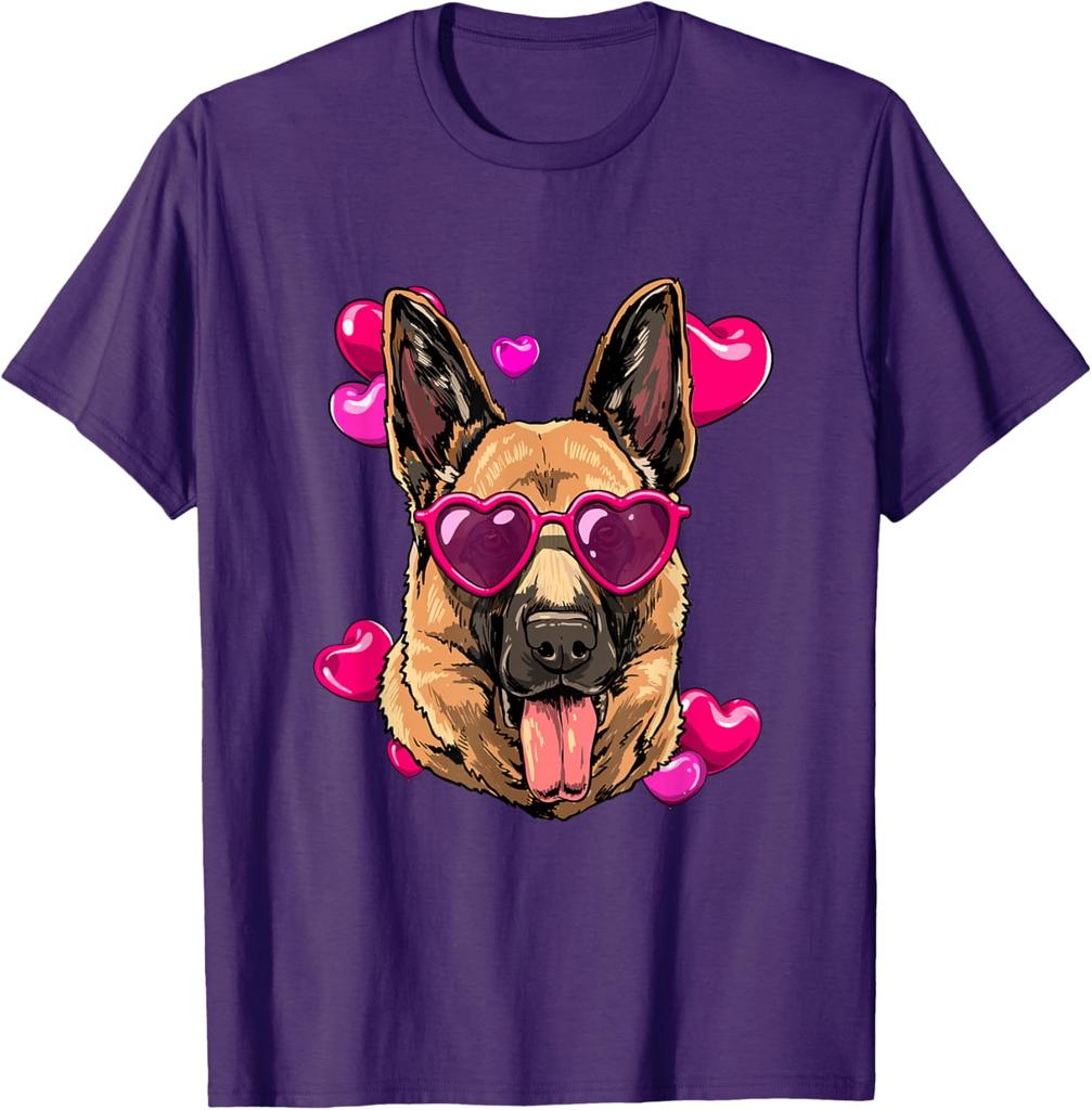 German Shepherd Valentine Heart Glasses Dog Lover Graphic Tee Soft Breathable Short Sleeve T-Shirt