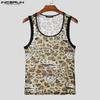 INCERUN Men Sleeveless Leopard Semi-Sheer Fitted Casual Tank Tops